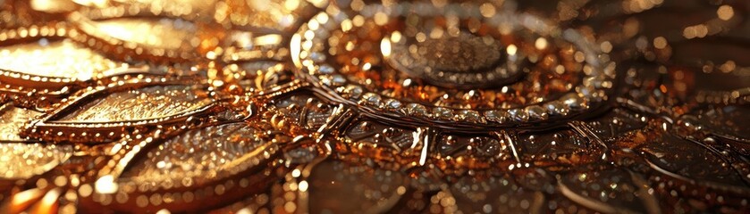 Intricate golden pattern featuring detailed designs, perfect for backgrounds and decorative elements in various projects.