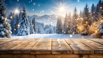 Fototapeta premium A wooden table with a snowy forest background illuminated by sunlight. Ideal for winter-themed product mockups or holiday designs with ample copy space.