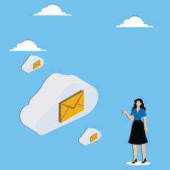 Businesswoman stands in front of the cloud files