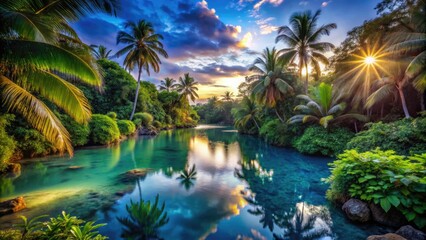 Obraz premium Serene Lagoon Surrounded by Lush Greenery and Tropical Plants Under Clear Blue Sky and Sunlight