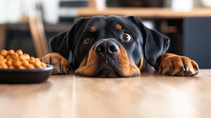 Rottweiler dog with attentive expression resting on wooden floor beside bowl of kibble in bright indoor setting