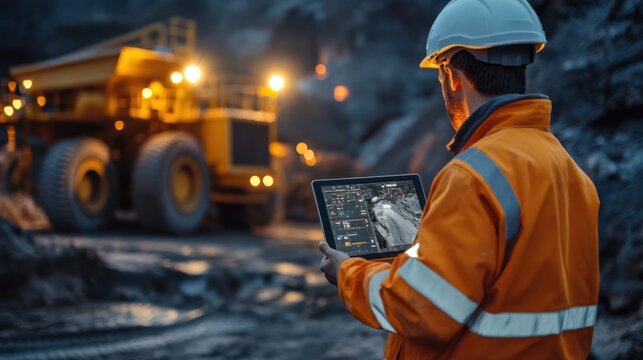 A rig operator controlling a smart drilling system via a tablet, adjusting rig functions in real-time for precise mineral extraction