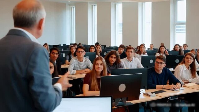 Knowledgeable Teacher Giving a Lecture About Software Engineering to a Group of Smart Diverse University Students. International Undergraduates Sitting Behind Desks with Computers