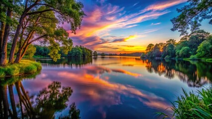 Serene Landscape at Dusk with Vibrant Colors Reflecting on Calm Water Surrounded by Lush Trees