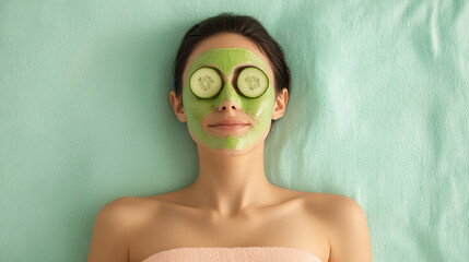 A woman relaxes with a green facial mask and cucumber slices on her eyes, lying on a soft towel. The soothing atmosphere promotes self-care and wellness.