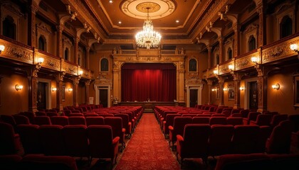 Elegant theater interior with red seats and chandelier under warm lighting