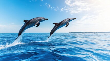 Fototapeta premium Dolphins Jumping Above Ocean Waves in Bright Sky