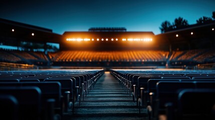 Naklejka premium Empty outdoor theater seating with rows of blue chairs facing a stage illuminated by bright lights in the evening.