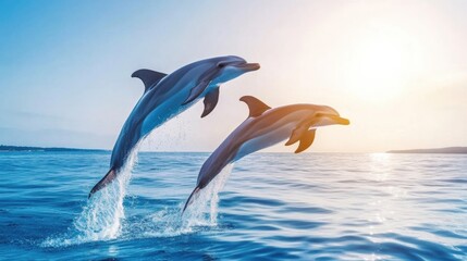 Fototapeta premium Graceful Dolphins Jumping in Blue Ocean Water
