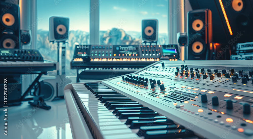 Poster a music production studio with equipment, audio mixing console in a recording studio.