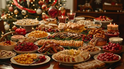 Fototapeta premium Joyful family Christmas dinner with festive table decorations and sparkling tree in the background
