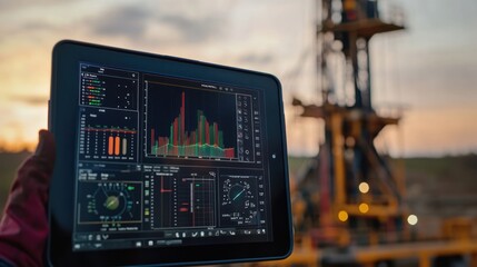 Fototapeta premium A tablet dashboard displaying various drilling metrics for an artisan water well exploration project, with the operator managing the rig remotely