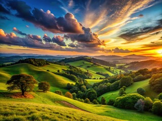 Serene landscape featuring rolling hills, lush greenery, and a vibrant sunset sky in the background