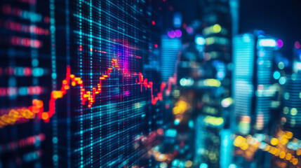 Obraz premium Vibrant cityscape featuring fluctuating stock market trends illuminated at night in a bustling urban environment