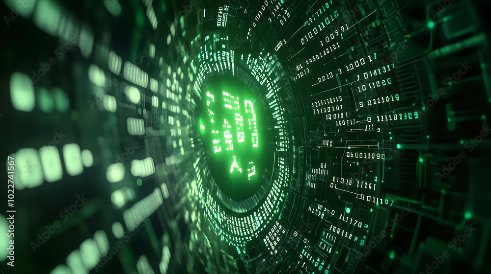 Poster a zoomed-in image of a computer monitor with a glowing green light at its center and numerical data 