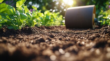 A close-up of an electric garden roller flattening soil in a well-maintained garden, vibrant green plants surrounding the area, bright sunlight casting soft shadows,