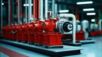 Red industrial pumps aligned in a row inside a modern mechanical facility with blurred background