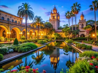 Serene Landscape of Balboa Park Featuring Lush Gardens and Historic Architecture Under Blue Sky