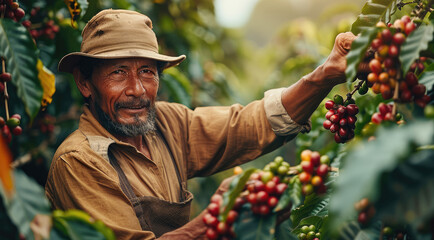 A farmer harvesting Coffee Beans, coffee production.