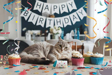 A cat is laying on a table with cupcakes and a birthday banner. The cat is surrounded by confetti and the mood of the image is festive and celebratory