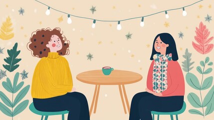 Fototapeta premium Two women chatting at a cozy table surrounded by plants and decorative lights.