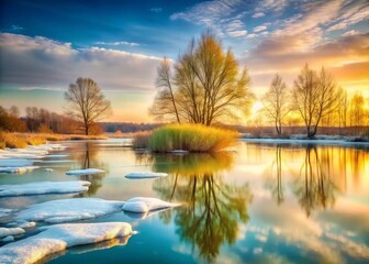 Minimalist Ice Melting in Spring - Serene Nature Photography for Tranquil Landscapes