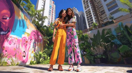 Naklejka premium Two women in colorful outfits pose in a vibrant urban garden with tropical plants and murals.
