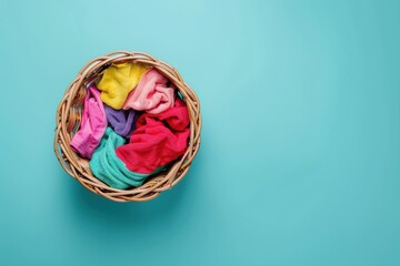 Fototapeta premium Colorful assortment of laundry piled in a woven basket on a teal background