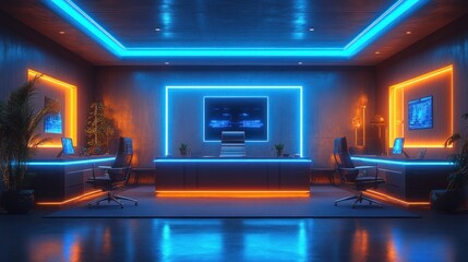 Futuristic office space with neon lighting and modern design.