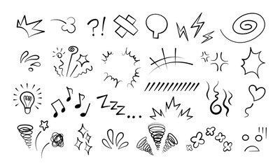Obraz premium Manga or anime comic emoticon element graphic effects hand drawn doodle vector illustration set isolated on white background. Line style manga doodle line expression scribble anime mark collection.
