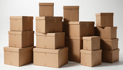 Stack of Realistic Cardboard Boxes on White Background.
