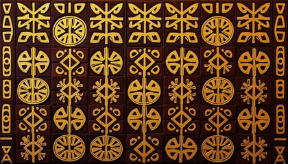 Adinkra symbols pattern in gold and brown with cultural significance and artistic design