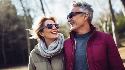 Fototapeta premium A joyful couple enjoys a carefree walk outdoors, radiating happiness and closeness.