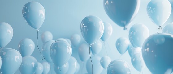 Multiple blue air balloons floating gracefully in a minimalist blue studio, celebrating happiness and joy with pastel-colored 3D render