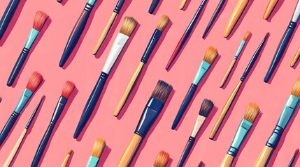 Fototapeta premium A pink background with space for writing, showing a collection of high-quality paintbrushes.
