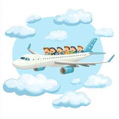 A cartoon airplane flying through the clouds with happy passengers, on a white background