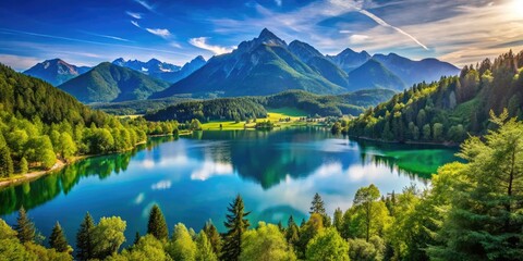 Obraz premium Serene landscape with mountains, lush greenery, and a tranquil lake under a clear blue sky