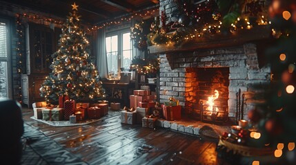 Festive living room with a Christmas tree and scattered gifts under soft, warm lighting from the fireplace