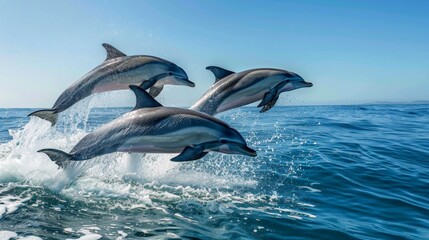 Naklejka premium A playful pod of dolphins leaping out of the ocean under a clear blue sky