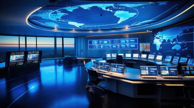A high-tech control room with a global map screen dominates the scene, showcasing a futuristic workplace filled with advanced monitoring technology.