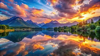 Serene landscape with vibrant sunset over mountains reflecting in a tranquil lake with trees