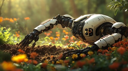 A futuristic garden cultivator working through rich soil, mechanical arms digging into the earth, surrounded by blossoming flowers, bright sunlight filtering through leaves,
