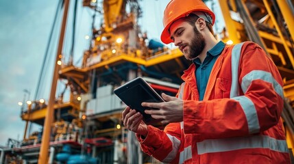 An oil exploration rig in operation, with a technician using a tablet to remotely control drilling depth and pressure
