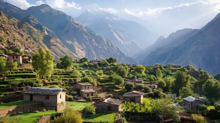 A remote village nestled in the mountains, with locals engaging in traditional activities and festivals