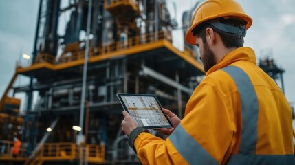 An oil exploration rig in operation, with a technician using a tablet to remotely control drilling depth and pressure
