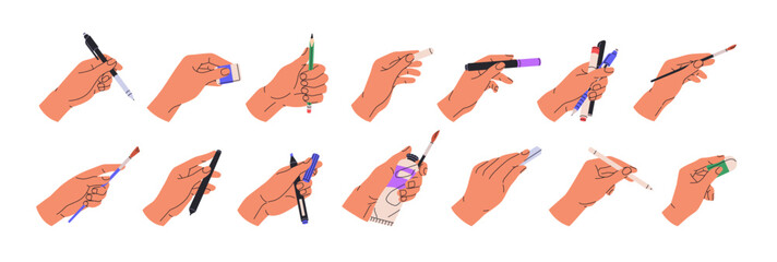Painters' hands with different stationery set. Artists hold pen, pencil, brush, paint, eraser, chalk. Art tools for painting, drawing, writing. Flat isolated vector illustrations on white background
