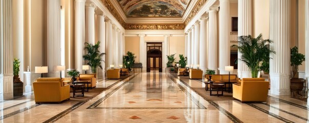 An expansive hall featuring towering columns that support an elaborate ceiling adorned with stunning murals.