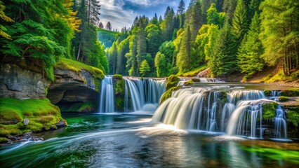 Fototapeta premium Serene Lower Lewis River Falls Cascading Through Lush Green Forest in Washington State, USA