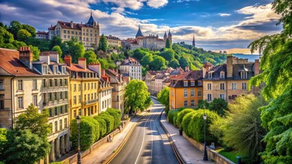 Naklejka premium Serene Lyon Road Surrounded by Lush Greenery and Charming Architecture on a Clear Sunny Day