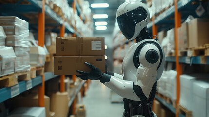A robot warehouse worker moving boxes in a warehouse setting. with neatly arranged shelves filled with boxes.